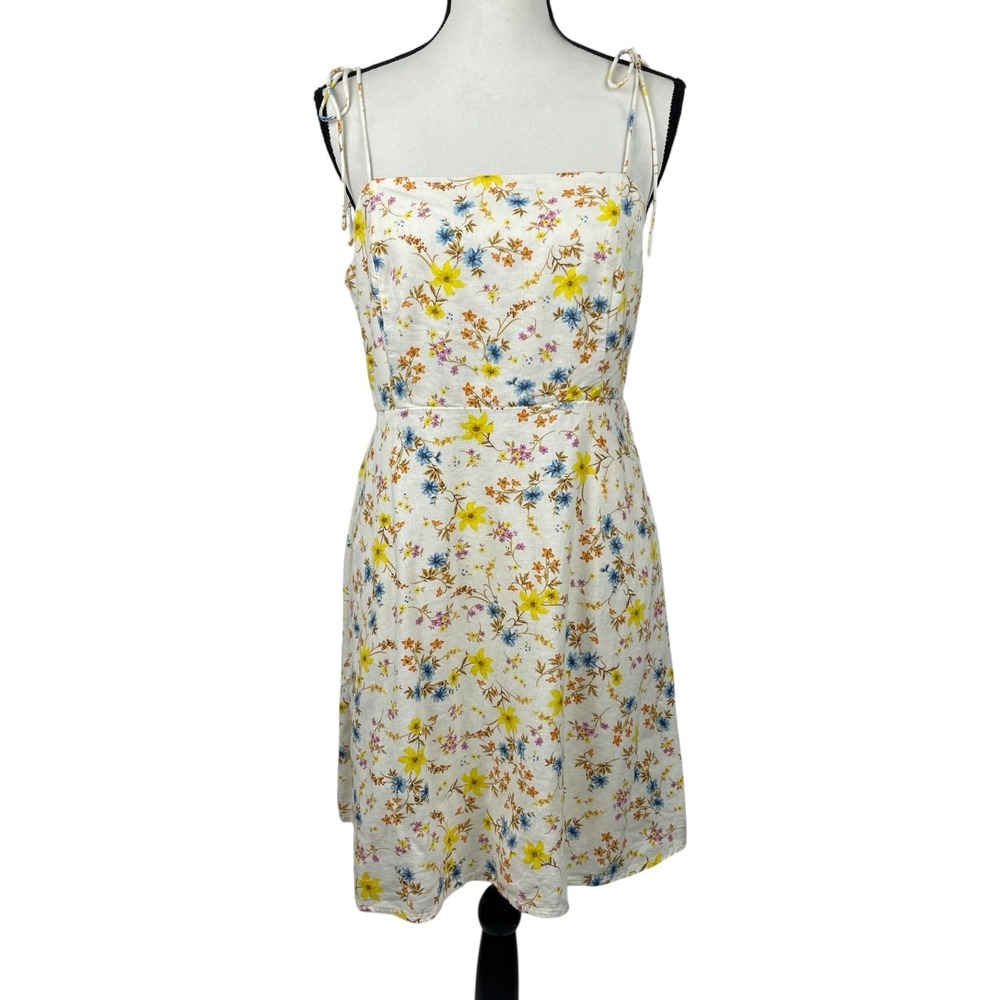Old Navy Women's Mini Dress Large Floral Linen Blend Smocked Tie Strap Sundress